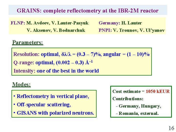 GRAINS: complete reflectometry at the IBR-2 M reactor FLNP: M. Avdeev, V. Lauter-Pasyuk V.