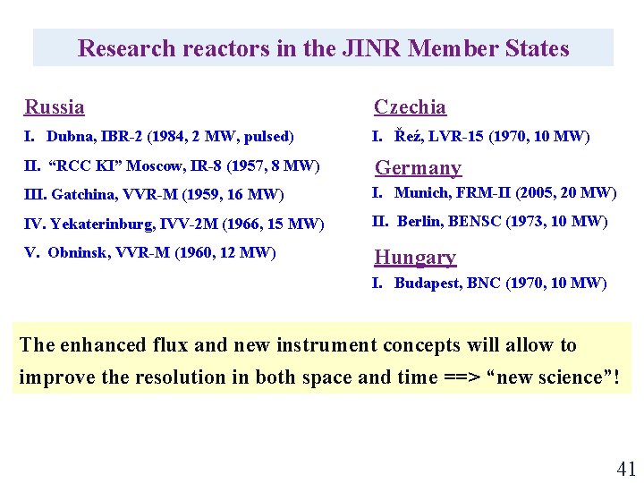 Research reactors in the JINR Member States Russia Czechia I. Dubna, IBR-2 (1984, 2