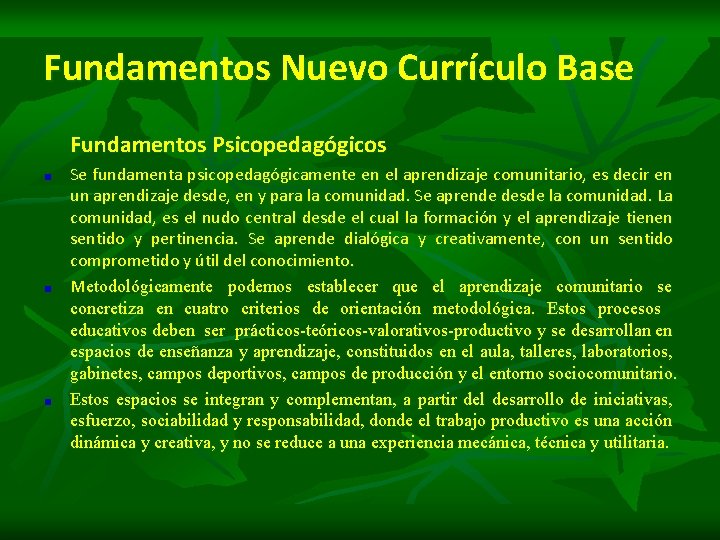 Fundamentos Nuevo Currículo Base Fundamentos Psicopedagógicos Se fundamenta psicopedagógicamente en el aprendizaje comunitario, es