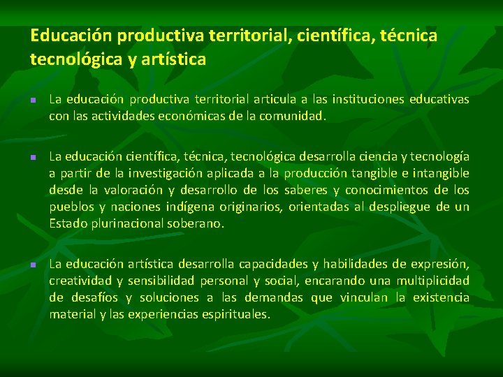 Educación productiva territorial, científica, técnica tecnológica y artística n n n La educación productiva