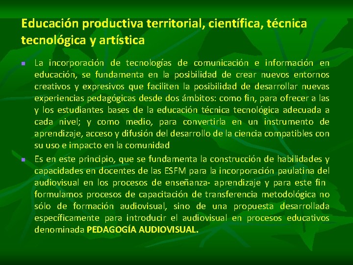 Educación productiva territorial, científica, técnica tecnológica y artística n n La incorporación de tecnologías