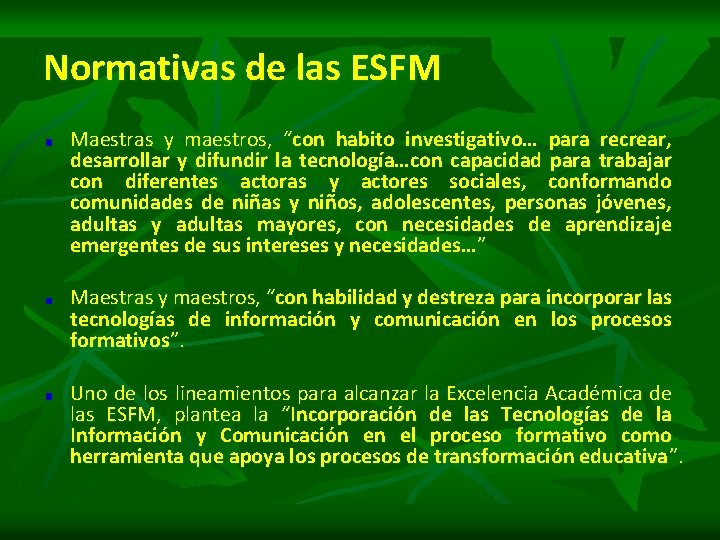 Normativas de las ESFM Maestras y maestros, “con habito investigativo… para recrear, desarrollar y
