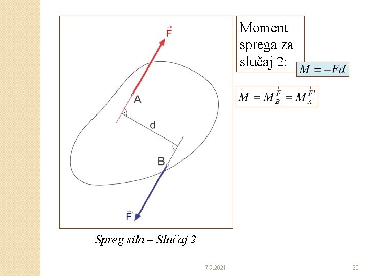 Moment sprega za slučaj 2: Spreg sila – Slučaj 2 7. 9. 2021. 30