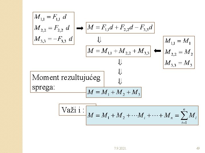 Moment rezultujućeg sprega: Važi i : 7. 9. 2021. 49 