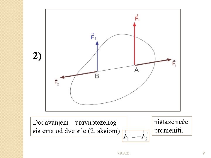 2) Dodavanjem uravnoteženog sistema od dve sile (2. aksiom) 7. 9. 2021. ništa se