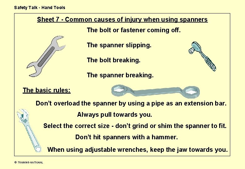 Safety Talk - Hand Tools Sheet 7 - Common causes of injury when using