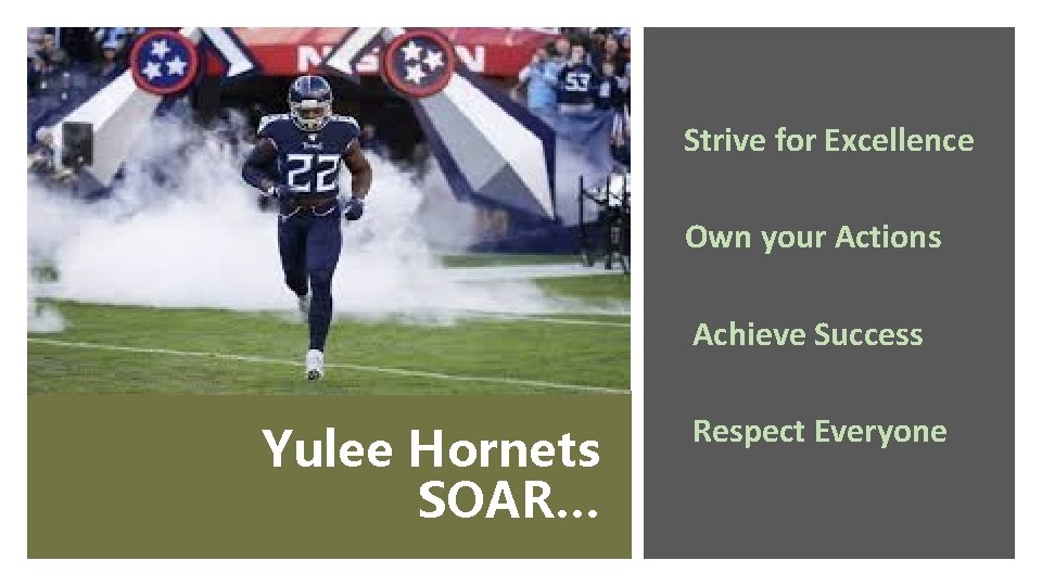 Strive for Excellence Own your Actions Achieve Success Yulee Hornets SOAR… Respect Everyone 