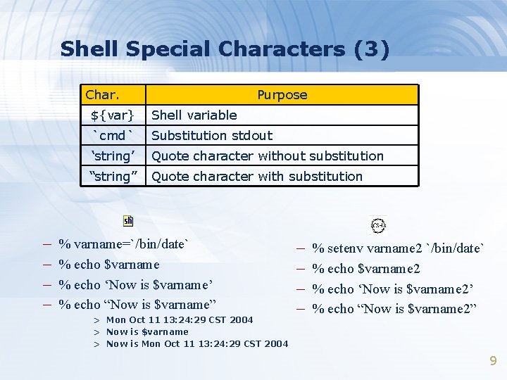 Shell Special Characters (3) Char. – – Purpose ${var} Shell variable `cmd` Substitution stdout
