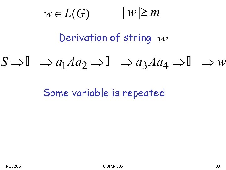 Derivation of string Some variable is repeated Fall 2004 COMP 335 30 