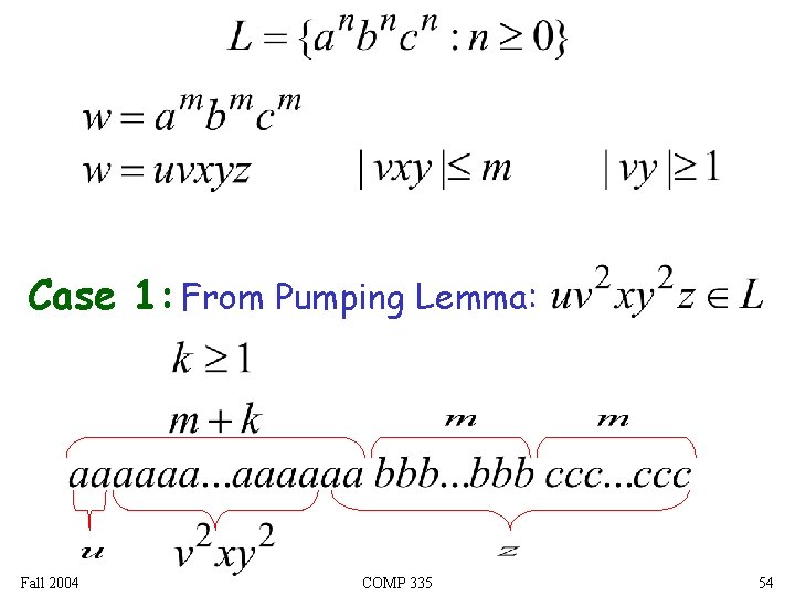 Case 1: From Pumping Lemma: Fall 2004 COMP 335 54 