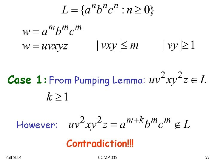 Case 1: From Pumping Lemma: However: Contradiction!!! Fall 2004 COMP 335 55 