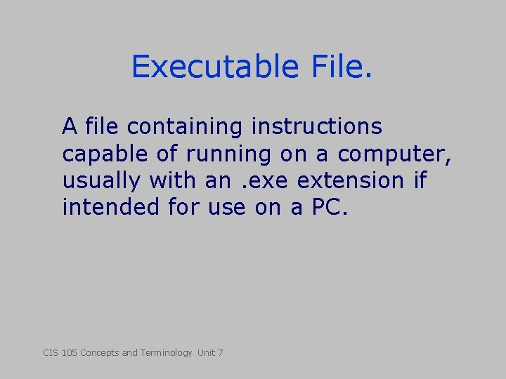 Executable File. A file containing instructions capable of running on a computer, usually with