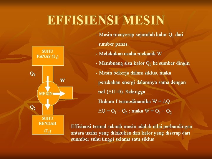 EFFISIENSI MESIN - Mesin menyerap sejumlah kalor Q 1 dari sumber panas. SUHU PANAS