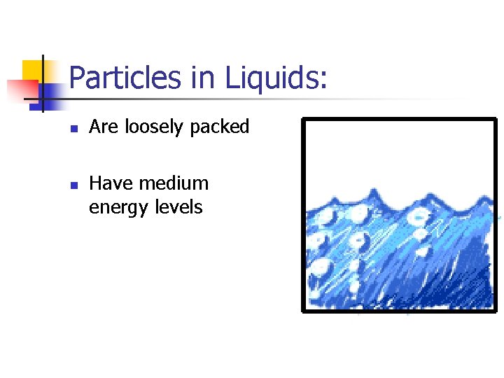 Particles in Liquids: n n Are loosely packed Have medium energy levels 