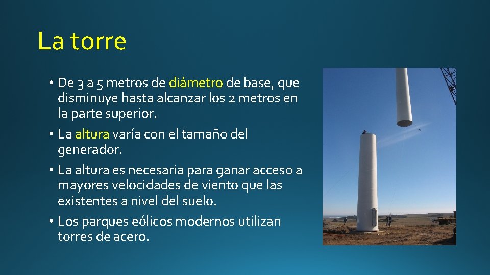 La torre • De 3 a 5 metros de diámetro de base, que disminuye