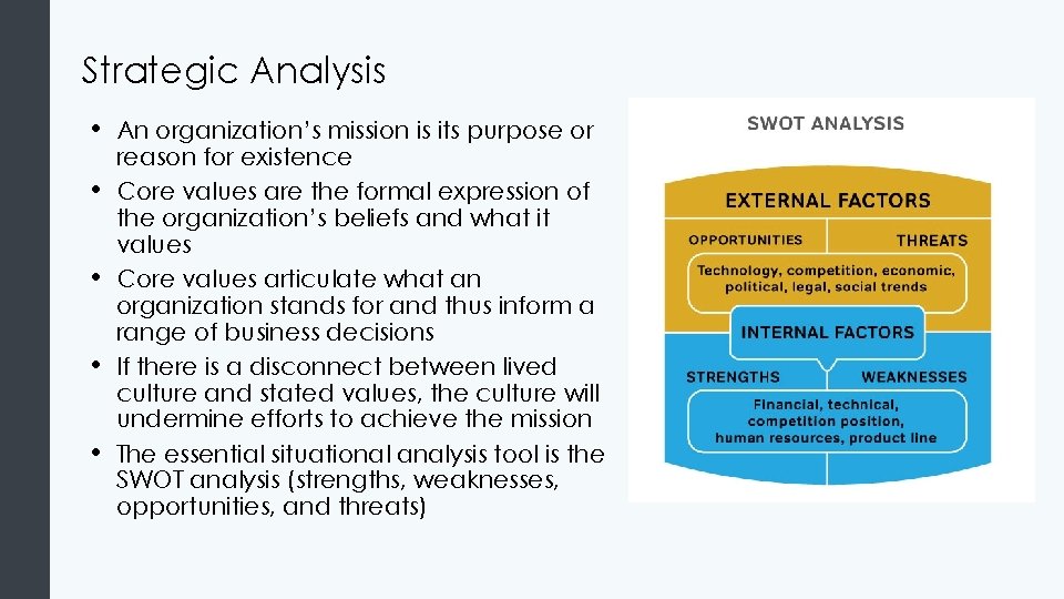 Strategic Analysis • • • An organization’s mission is its purpose or reason for