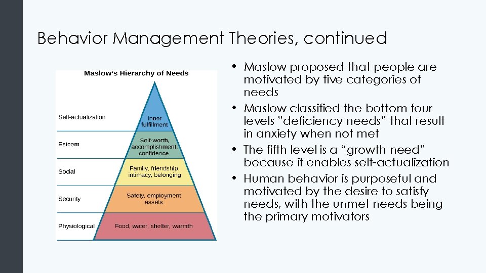 Behavior Management Theories, continued • Maslow proposed that people are • • • motivated