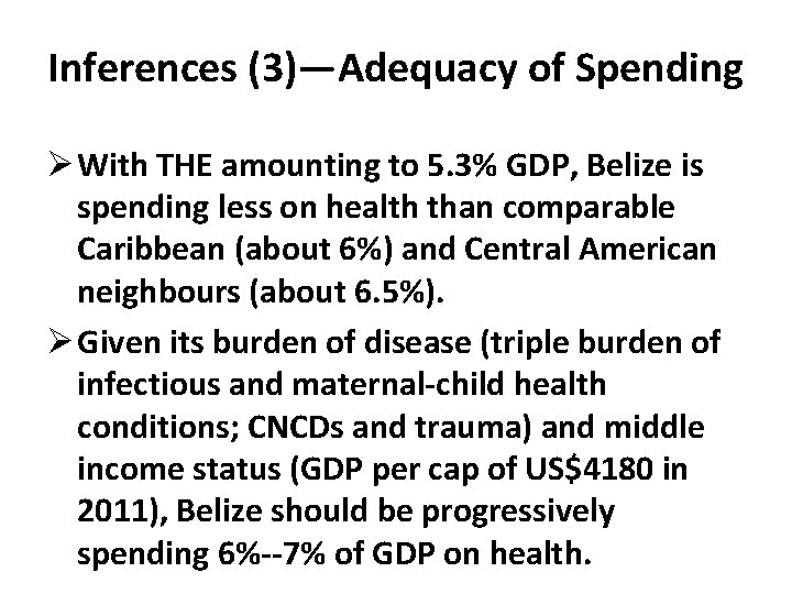 Inferences (3)—Adequacy of Spending Ø With THE amounting to 5. 3% GDP, Belize is