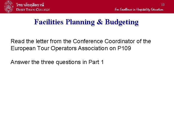 10 Facilities Planning & Budgeting Read the letter from the Conference Coordinator of the