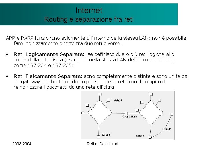 Il modello Internet. Client/Server Routing e separazione fra reti ARP e RARP funzionano solamente