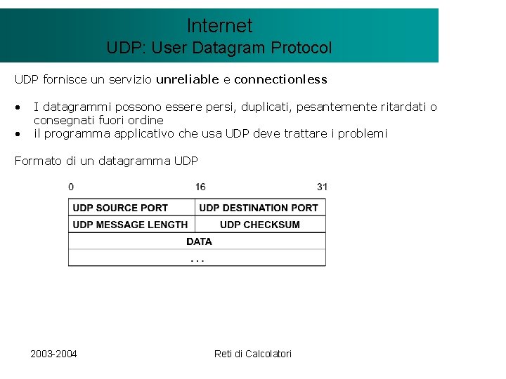 Il modello Internet. Client/Server UDP: User Datagram Protocol UDP fornisce un servizio unreliable e