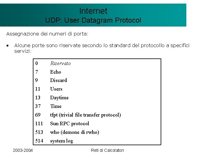 Il modello Internet. Client/Server UDP: User Datagram Protocol Assegnazione dei numeri di porta: •