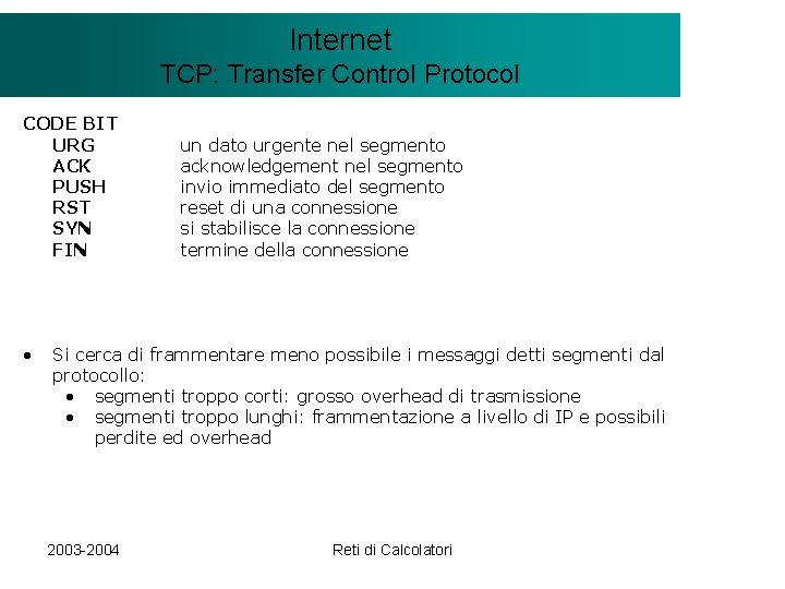 Il modello Internet. Client/Server TCP: Transfer Control Protocol CODE BIT URG ACK PUSH RST