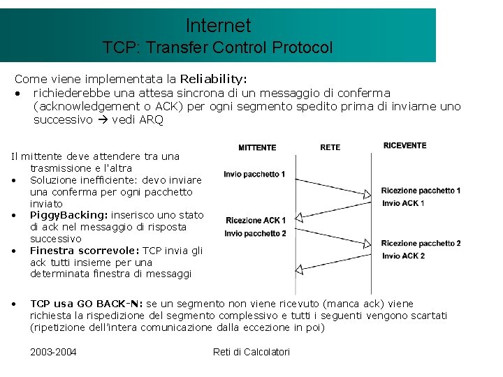 Il modello Internet. Client/Server TCP: Transfer Control Protocol Come viene implementata la Reliability: •