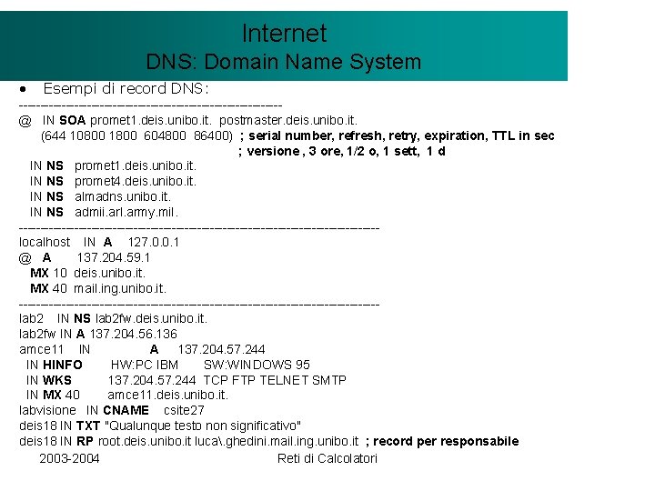 Il modello Internet. Client/Server DNS: Domain Name System • Esempi di record DNS: -------------------------------@