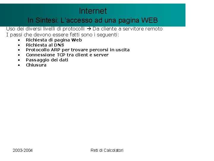 Il modello Internet. Client/Server In Sintesi: L’accesso ad una pagina WEB Uso dei diversi