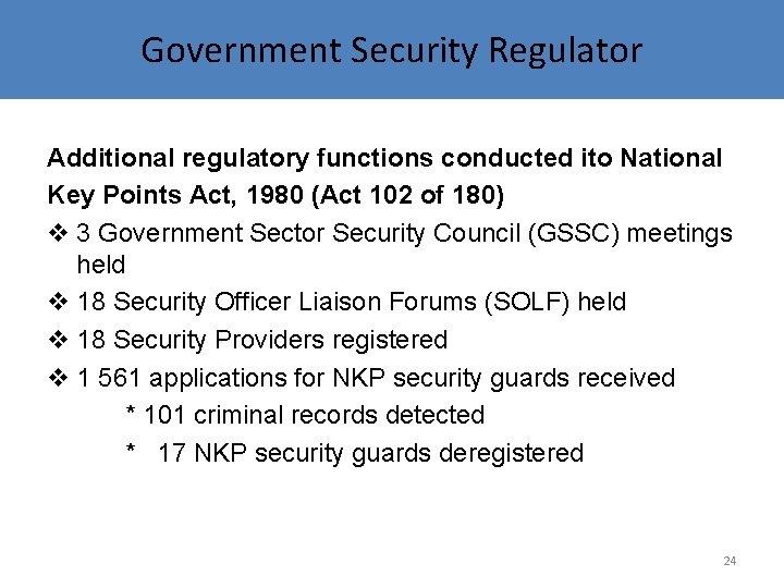 Government Security Regulator Additional regulatory functions conducted ito National Key Points Act, 1980 (Act
