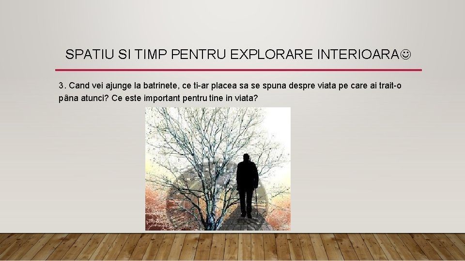 SPATIU SI TIMP PENTRU EXPLORARE INTERIOARA 3. Cand vei ajunge la batrinete, ce ti-ar