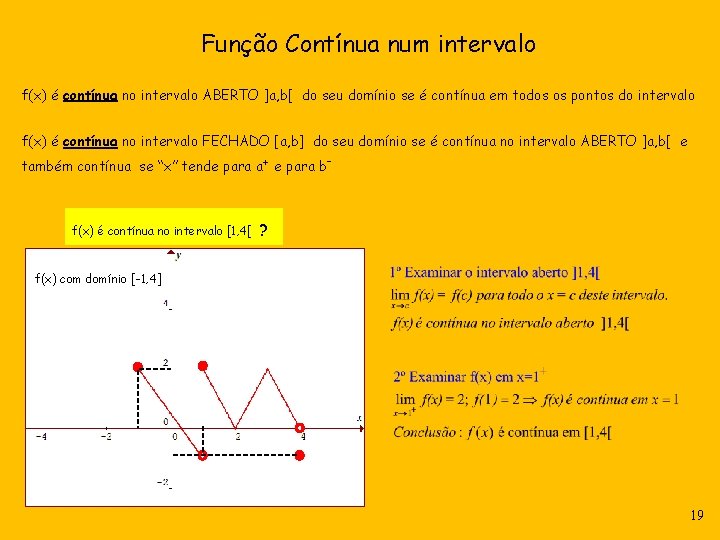 Função Contínua num intervalo f(x) é contínua no intervalo ABERTO ]a, b[ do seu