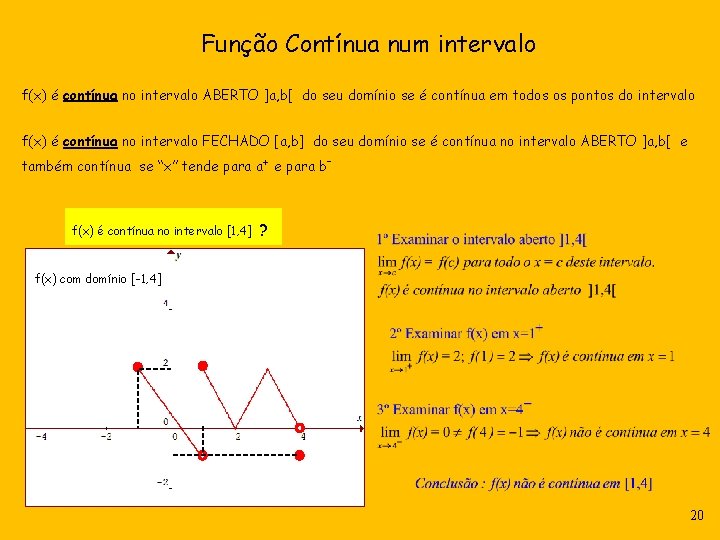 Função Contínua num intervalo f(x) é contínua no intervalo ABERTO ]a, b[ do seu