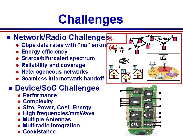 Challenges l Network/Radio Challenges 5 l l l l Gbps data rates with “no”