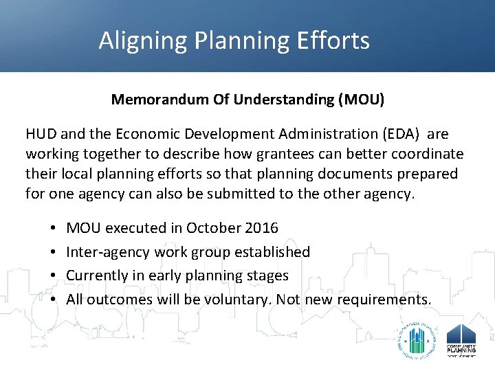 Aligning Planning Efforts Memorandum Of Understanding (MOU) HUD and the Economic Development Administration (EDA)