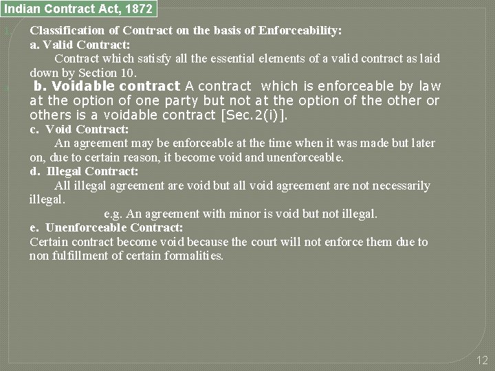 Indian Contract Act, 1872 1. a. Classification of Contract on the basis of Enforceability: