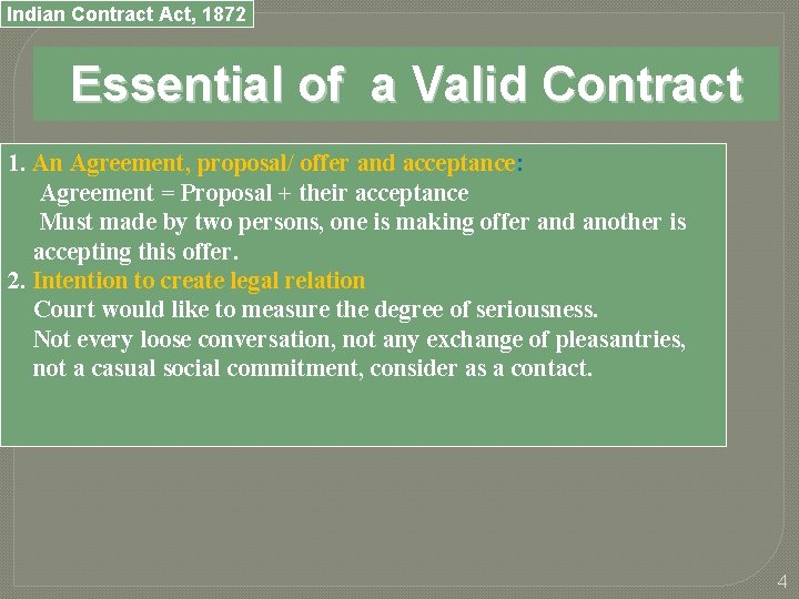 Indian Contract Act, 1872 Essential of a Valid Contract 1. An Agreement, proposal/ offer