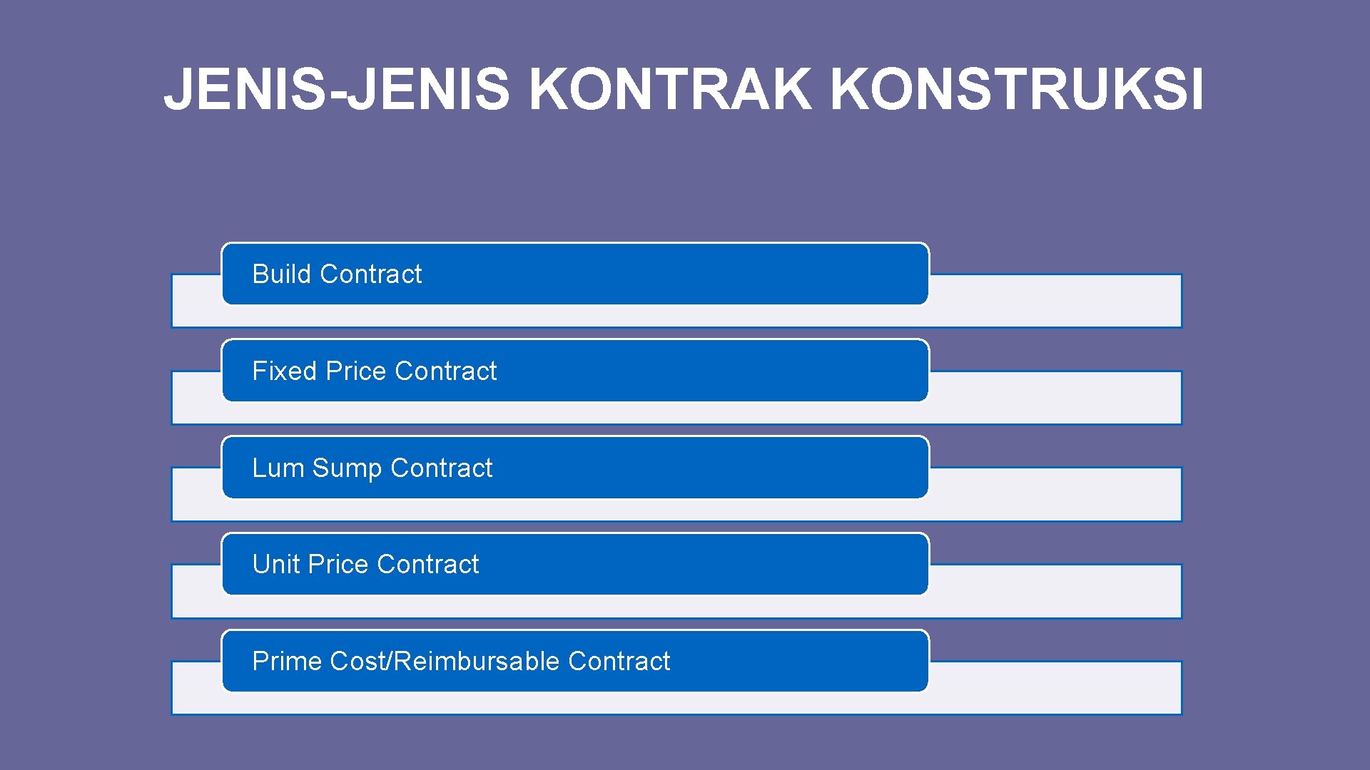 JENIS-JENIS KONTRAK KONSTRUKSI Build Contract Fixed Price Contract Lum Sump Contract Unit Price Contract
