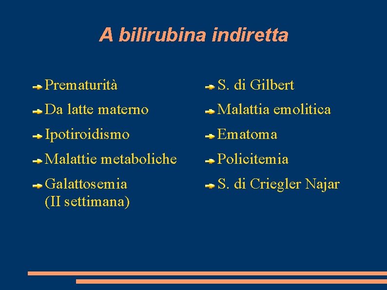 A bilirubina indiretta Prematurità S. di Gilbert Da latte materno Malattia emolitica Ipotiroidismo Ematoma