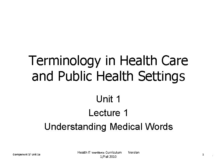Terminology in Health Care and Public Health Settings Unit 1 Lecture 1 Understanding Medical