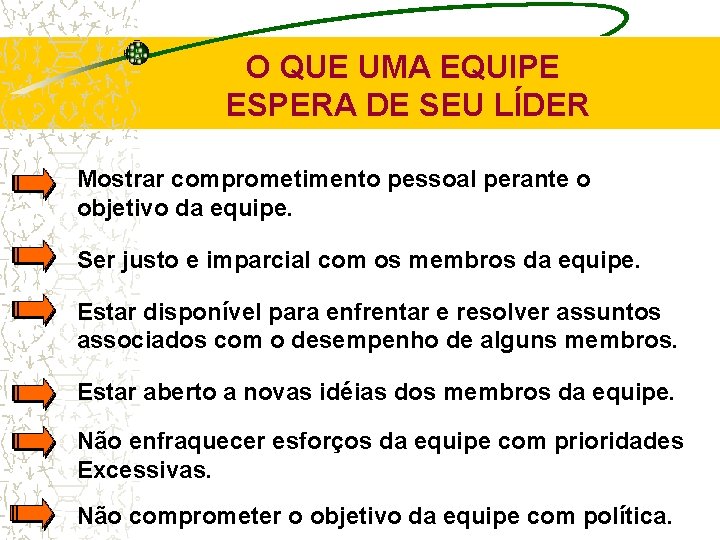 O QUE UMA EQUIPE ESPERA DE SEU LÍDER Mostrar comprometimento pessoal perante o objetivo