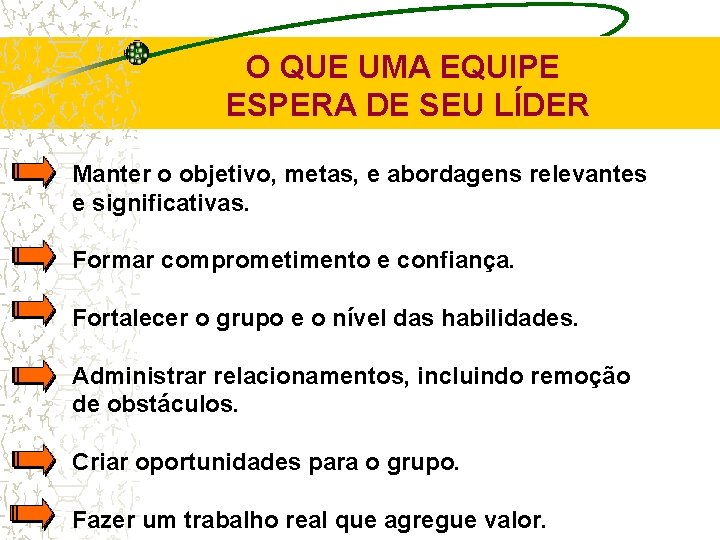 O QUE UMA EQUIPE ESPERA DE SEU LÍDER Manter o objetivo, metas, e abordagens