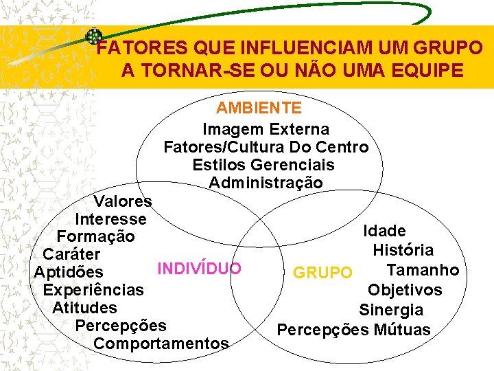 FATORES QUE INFLUENCIAM UM GRUPO A TORNAR-SE OU NÃO UMA EQUIPE AMBIENTE Imagem Externa