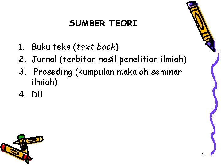 SUMBER TEORI 1. Buku teks (text book) 2. Jurnal (terbitan hasil penelitian ilmiah) 3.