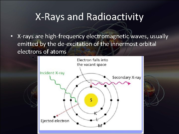 X-Rays and Radioactivity • X-rays are high-frequency electromagnetic waves, usually emitted by the de-excitation