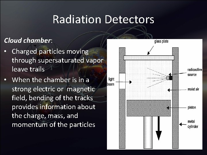Radiation Detectors Cloud chamber: • Charged particles moving through supersaturated vapor leave trails •