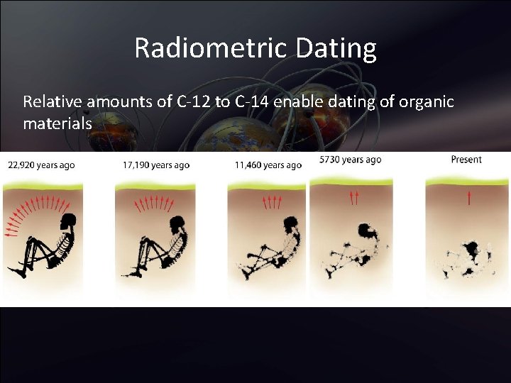 Radiometric Dating Relative amounts of C-12 to C-14 enable dating of organic materials 