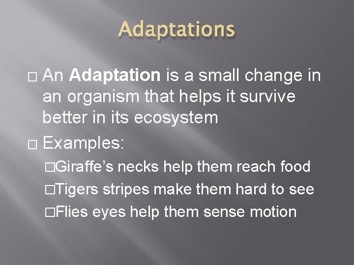 Adaptations An Adaptation is a small change in an organism that helps it survive