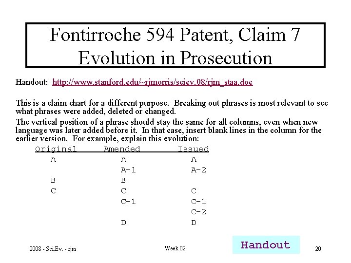 Fontirroche 594 Patent, Claim 7 Evolution in Prosecution Handout: http: //www. stanford. edu/~rjmorris/sciev. 08/rjm_staa.